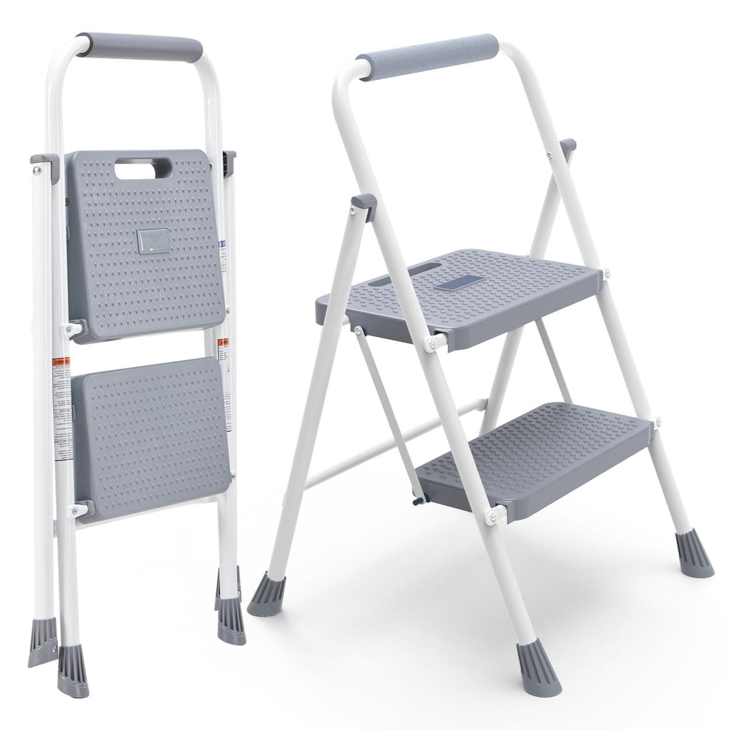 2 Step Ladder with Anti-Slip Pedal and Handrail, 800lbs, Grey Q18309
