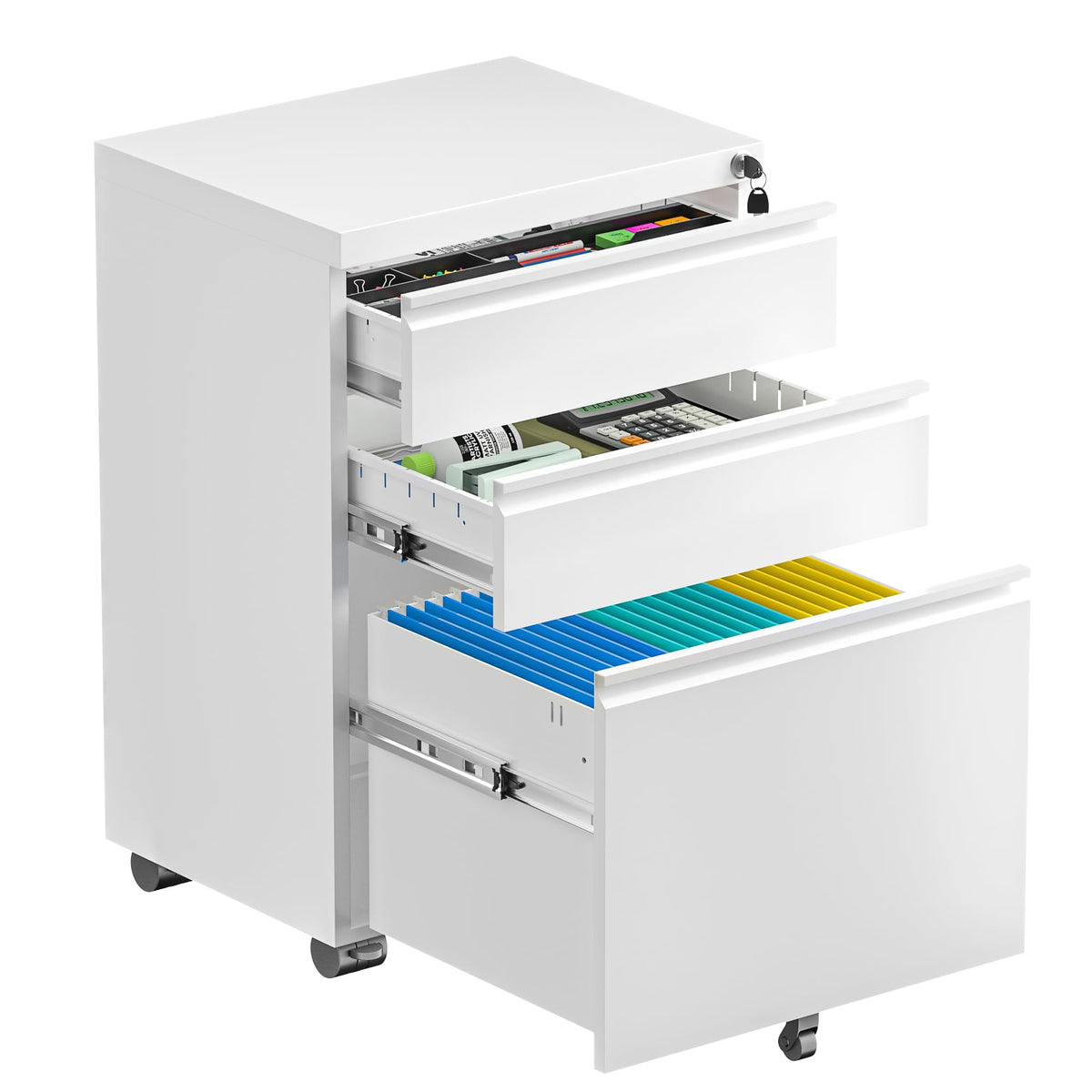 Fully Assembled 3 Drawer White Metal Rolling File Cabinet with Lock O773