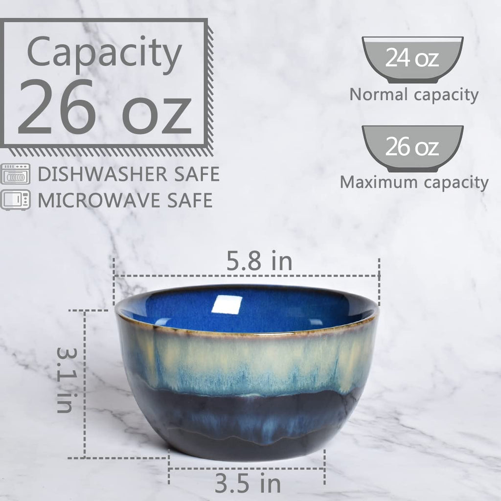 Blue Stoneware Cereal Bowls Set of 4, 26 Oz K599