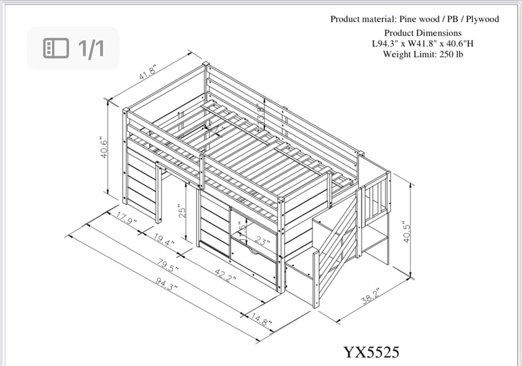 Twin Size Wood Loft Bed with Storage A53096