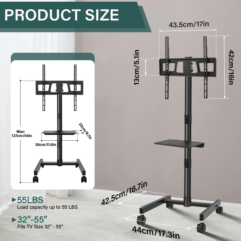 Rolling TV Stand with Wheels for 32-55Inch Screens up to 55lbs Black S3573