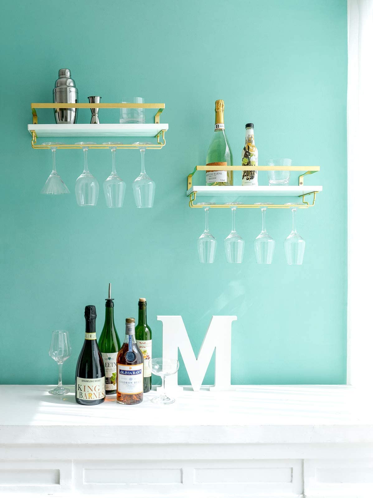 Wall Mounted Wine Rack with Glass Holder and Wood Shelf, 2 Pack N793