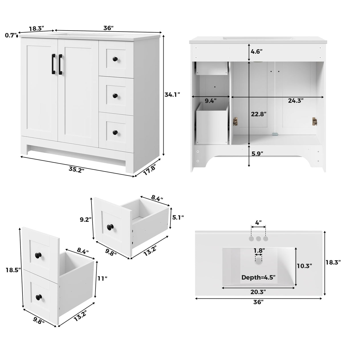 36" White Bathroom Vanity with Sink, 2 Soft-Close Drawers & Doors N605
