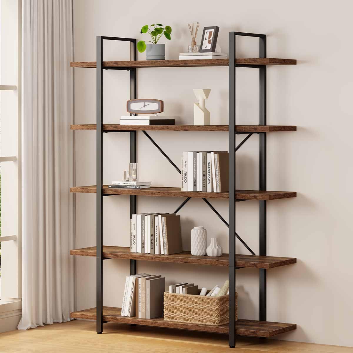Rustic Brown 5 Shelf Wood Bookshelf K60026