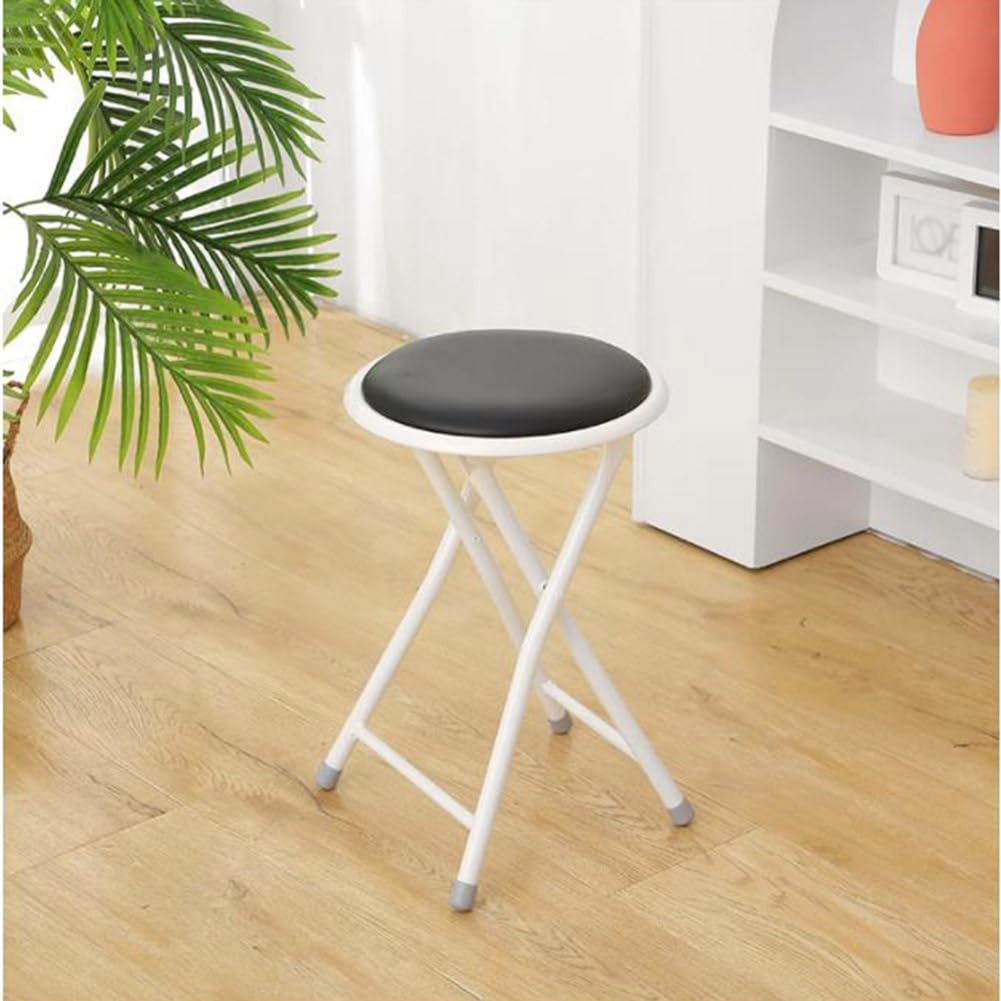 Portable Folding Stool, Upholstered Round Stool, Black 18In F684017