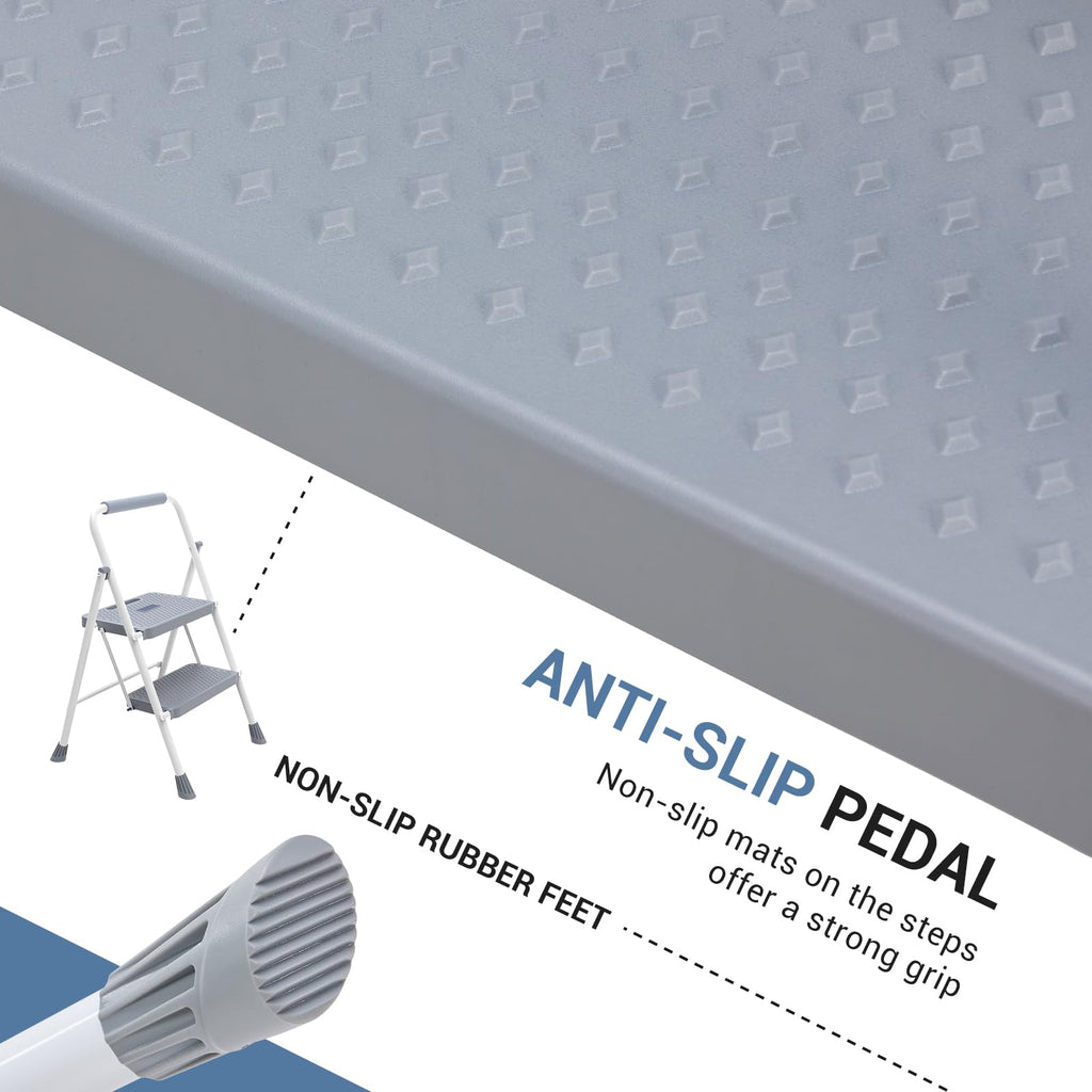 2 Step Ladder with Anti-Slip Pedal and Handrail, 800lbs, Grey Q18309