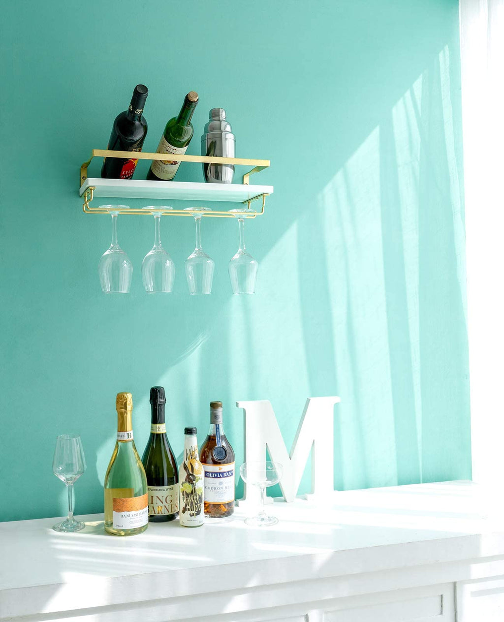 Wall Mounted Wine Rack with Glass Holder and Wood Shelf, 2 Pack N793