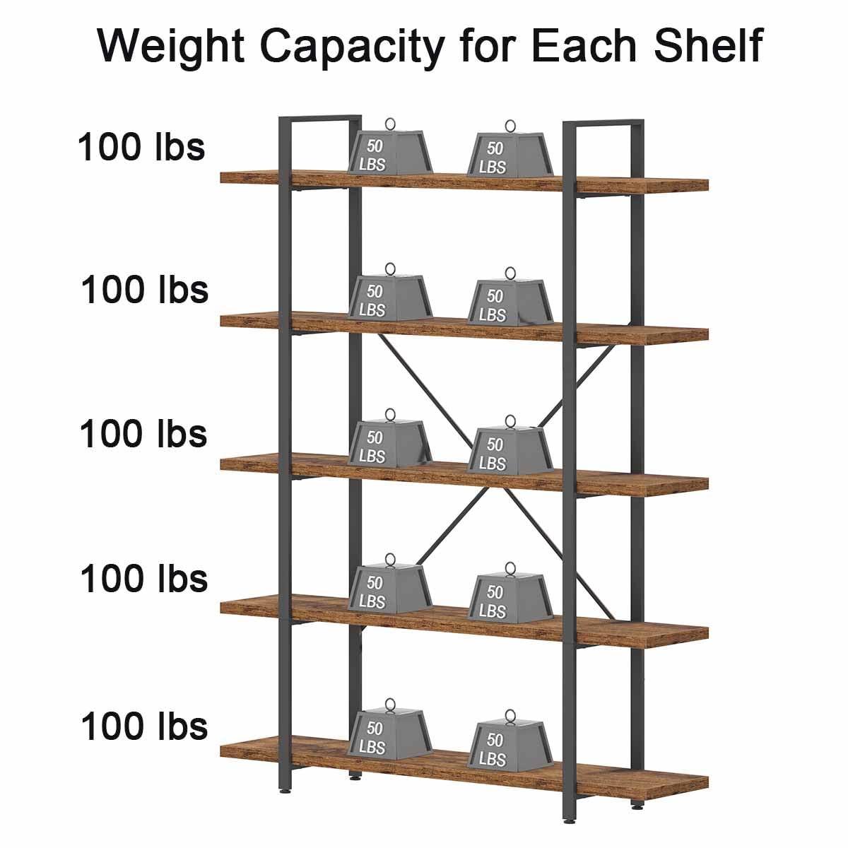 Rustic Brown 5 Shelf Wood Bookshelf K60026