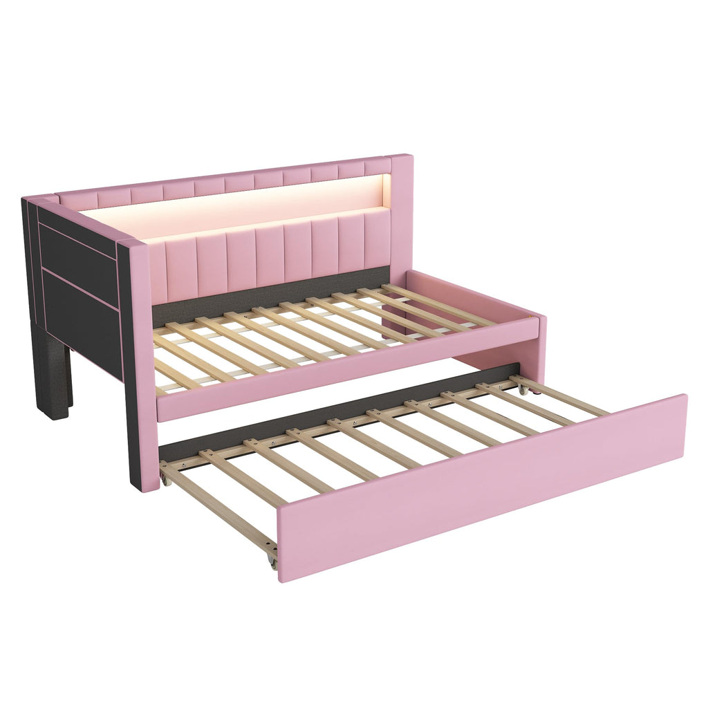 Pink Upholstered Twin Size Daybed with Trundle C9822