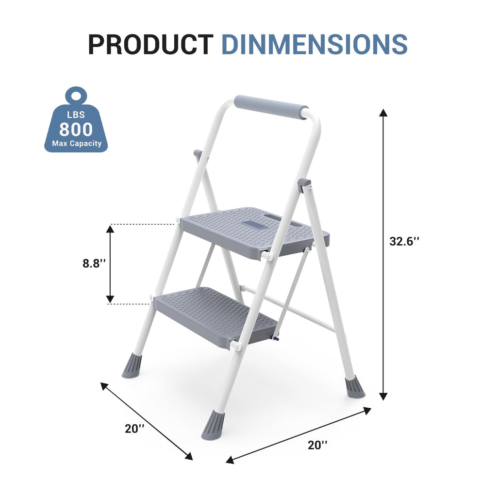 2 Step Ladder with Anti-Slip Pedal and Handrail, 800lbs, Grey Q18309