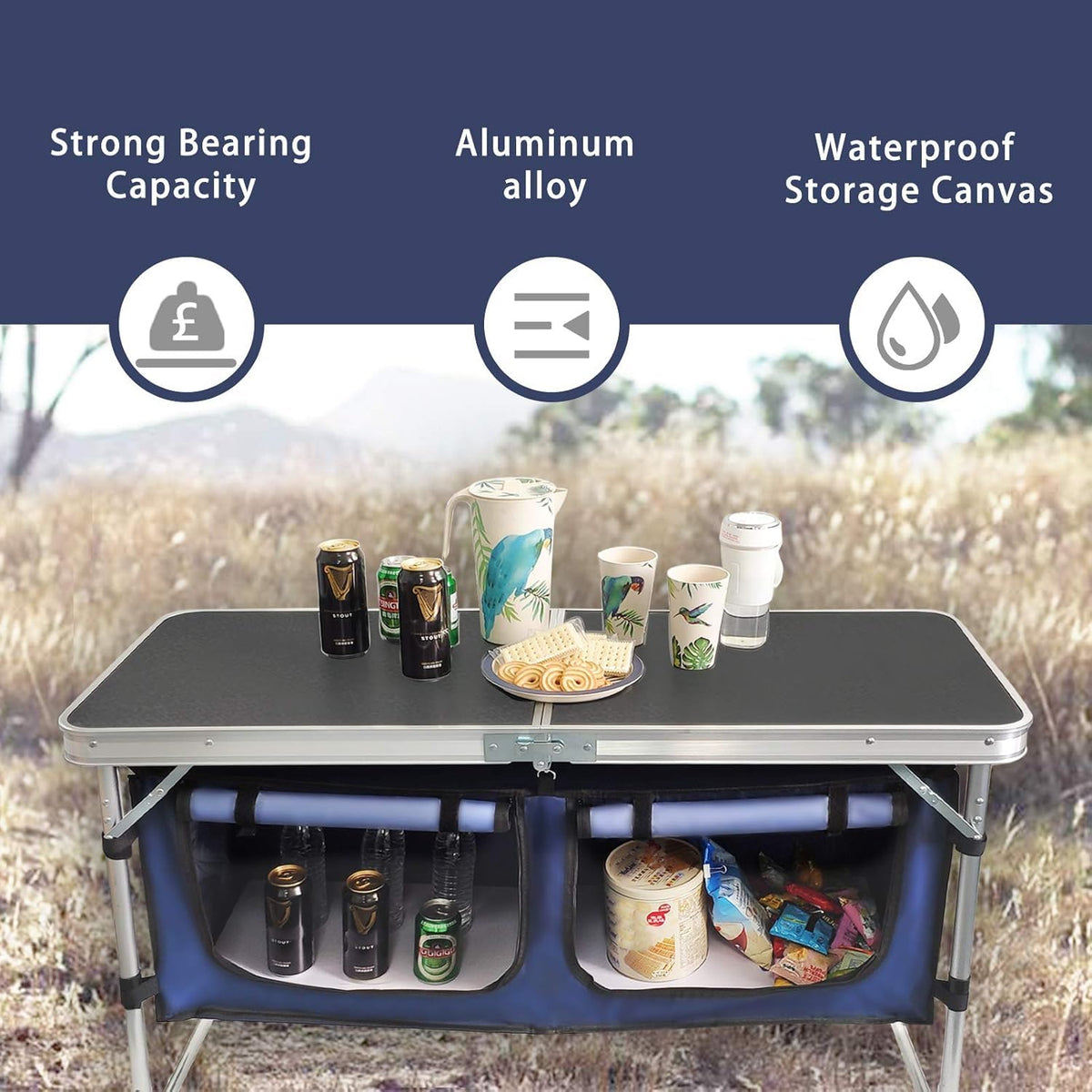 Folding Aluminum Camping Table with Storage Compartment Q521820