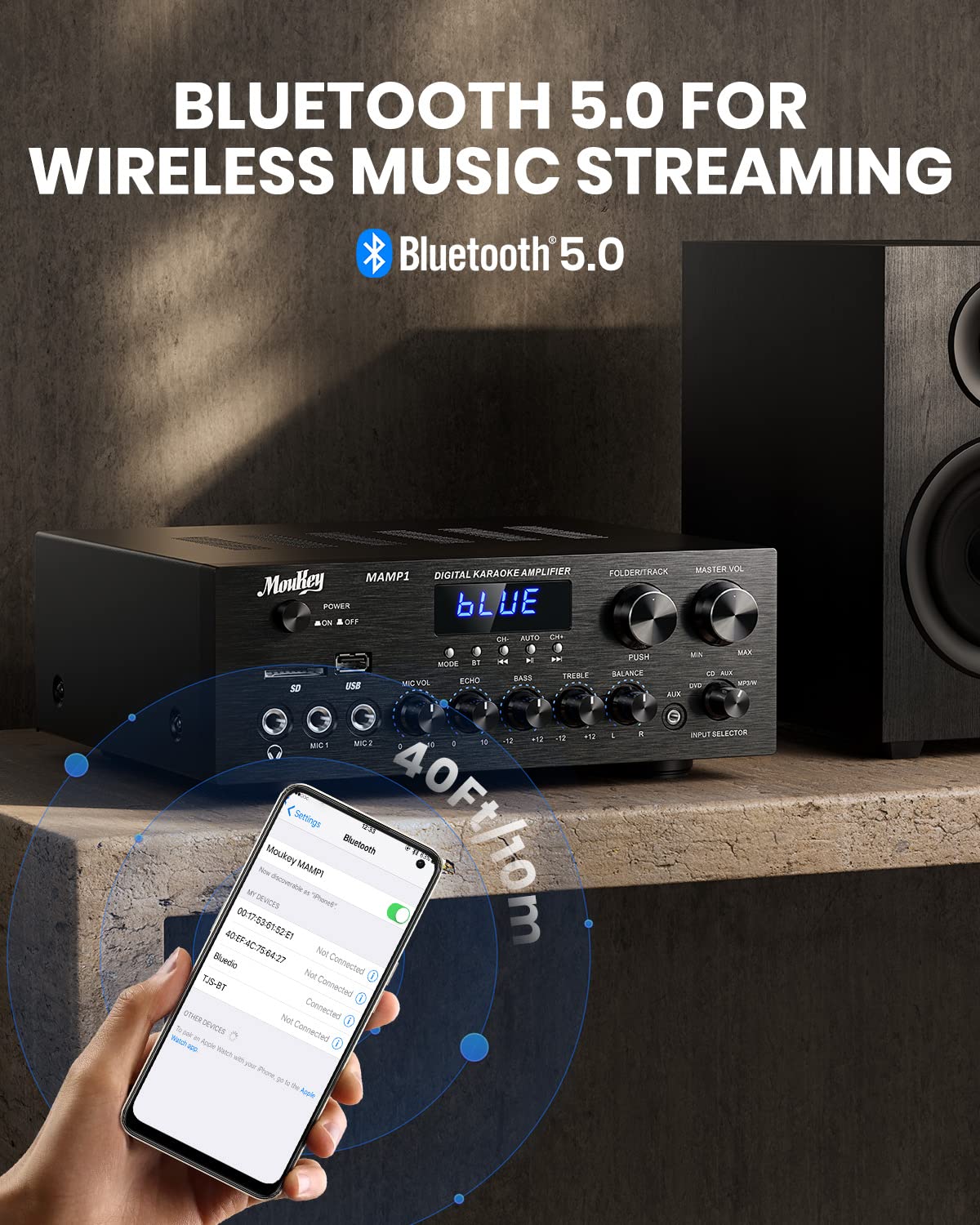 Bluetooth Stereo Receiver Amplifier with USB SD AUX RCA MIC, 400W Peak K175