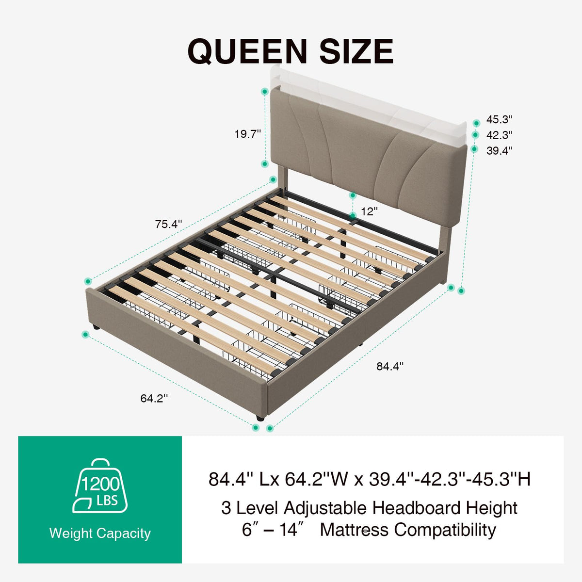 Beige Queen Bed Frame with Drawers F7677