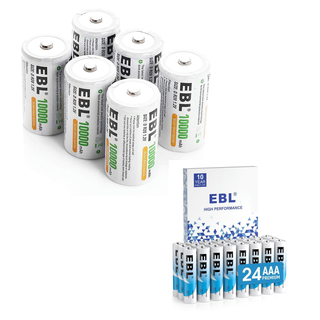 D Size Rechargeable Batteries 6 Pack, AAA Batteries 24 Pack S62412