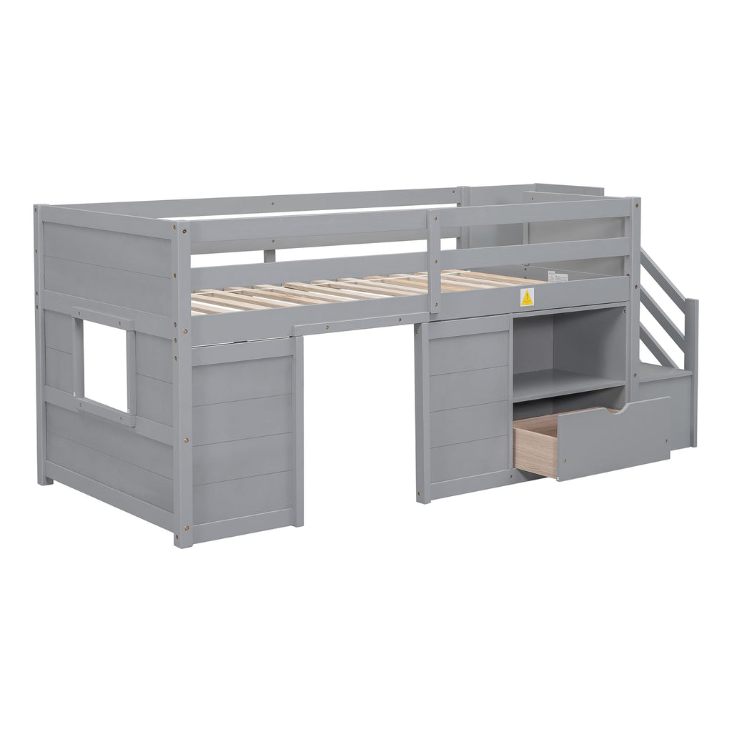 Twin Size Wood Loft Bed with Storage A53096