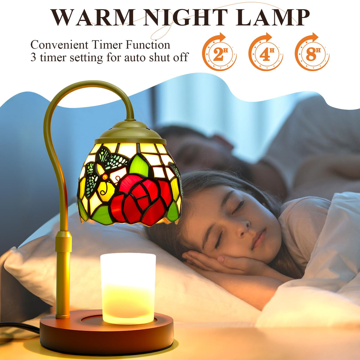 Candle Warmer Lamp with Timer Dimmer, Stained Glass, 2 Bulbs T957