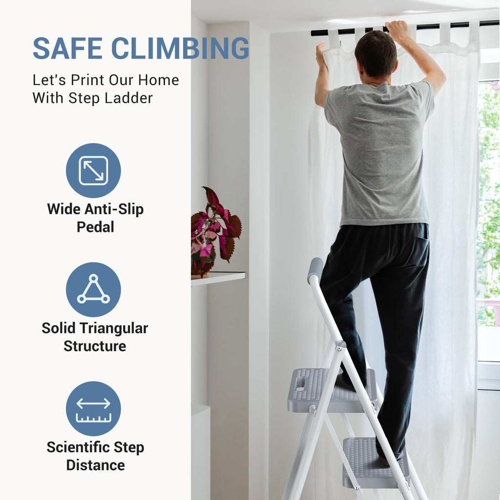 2 Step Ladder with Anti-Slip Pedal and Handrail, 800lbs, Grey Q18309