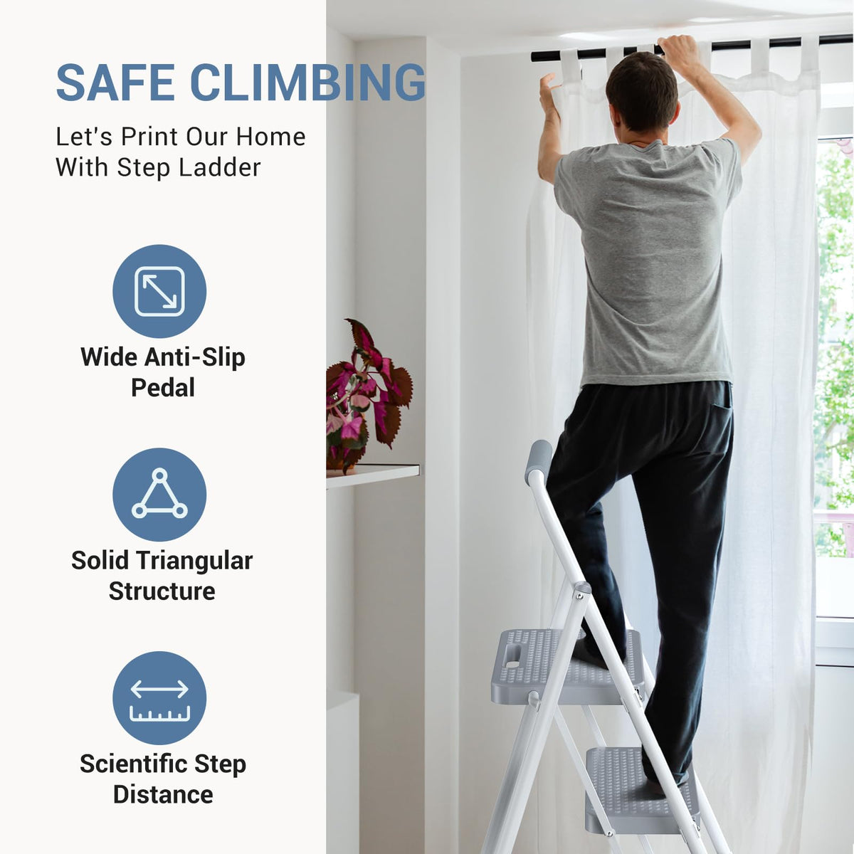 2 Step Ladder with Anti-Slip Pedal and Handrail, 800lbs, Grey Q18309
