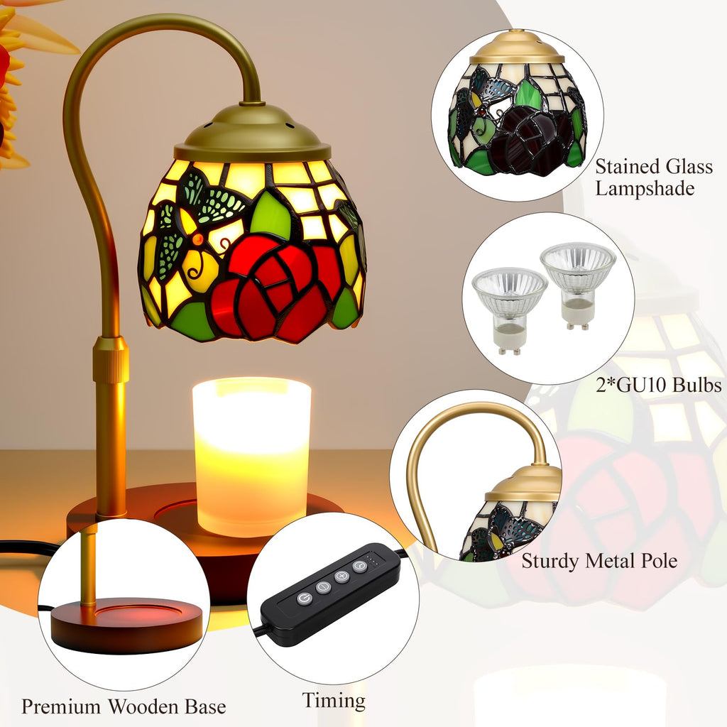 Candle Warmer Lamp with Timer Dimmer, Stained Glass, 2 Bulbs T957