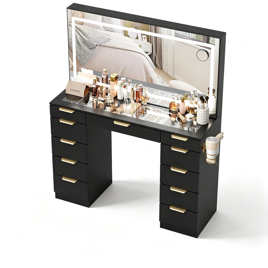 Glass Top Vanity Desk with Mirror and Lights, 11 Drawers Makeup Vanity with Stool J672245