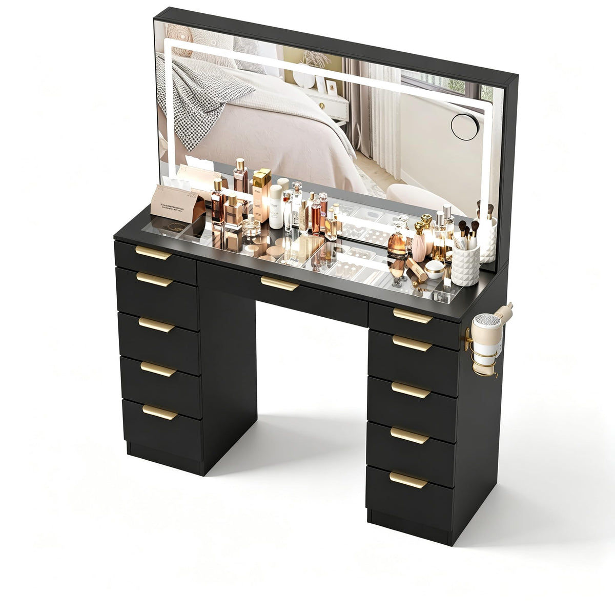 Glass Top Vanity Desk with Mirror and Lights, 11 Drawers Makeup Vanity with Stool J672245