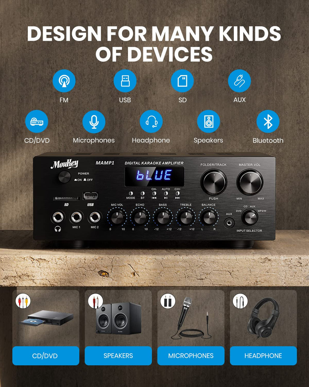 Bluetooth Stereo Receiver Amplifier with USB SD AUX RCA MIC, 400W Peak K175