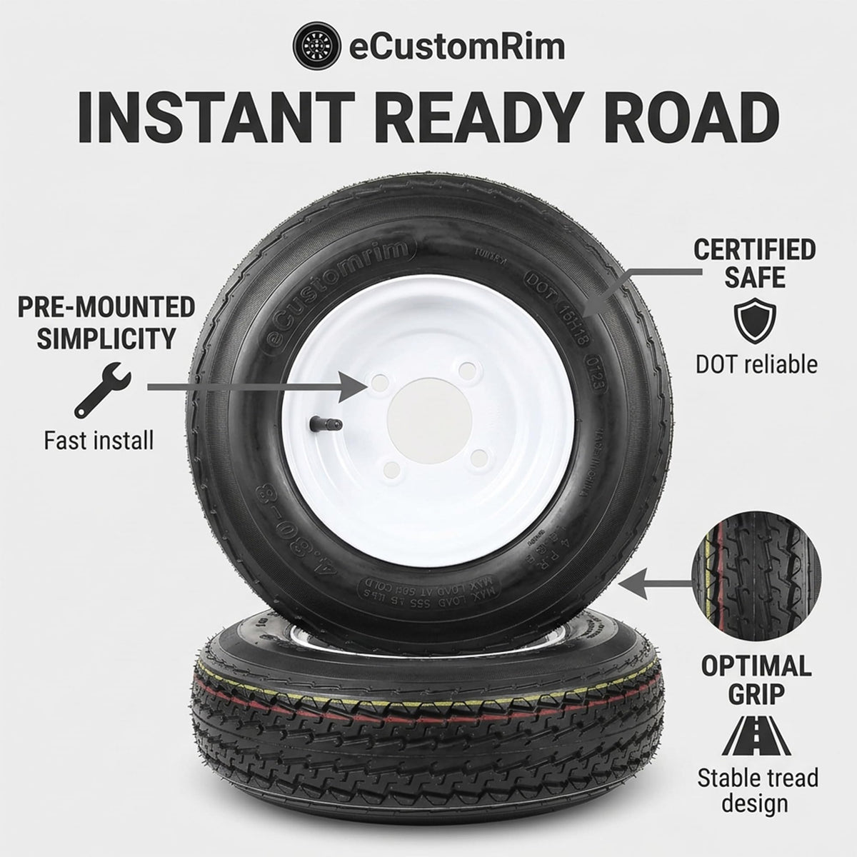 2-Pack Trailer Tire Rim Assembly 4.80-8 4 Lug White I685703