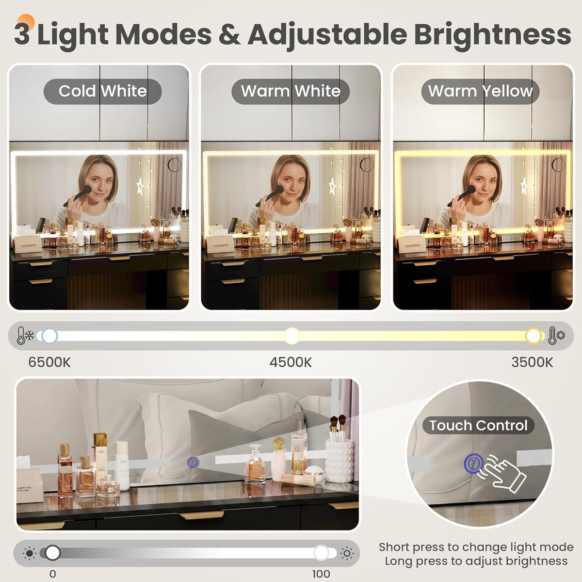 Glass Top Vanity Desk with Mirror and Lights, 11 Drawers Makeup Vanity with Stool J672245