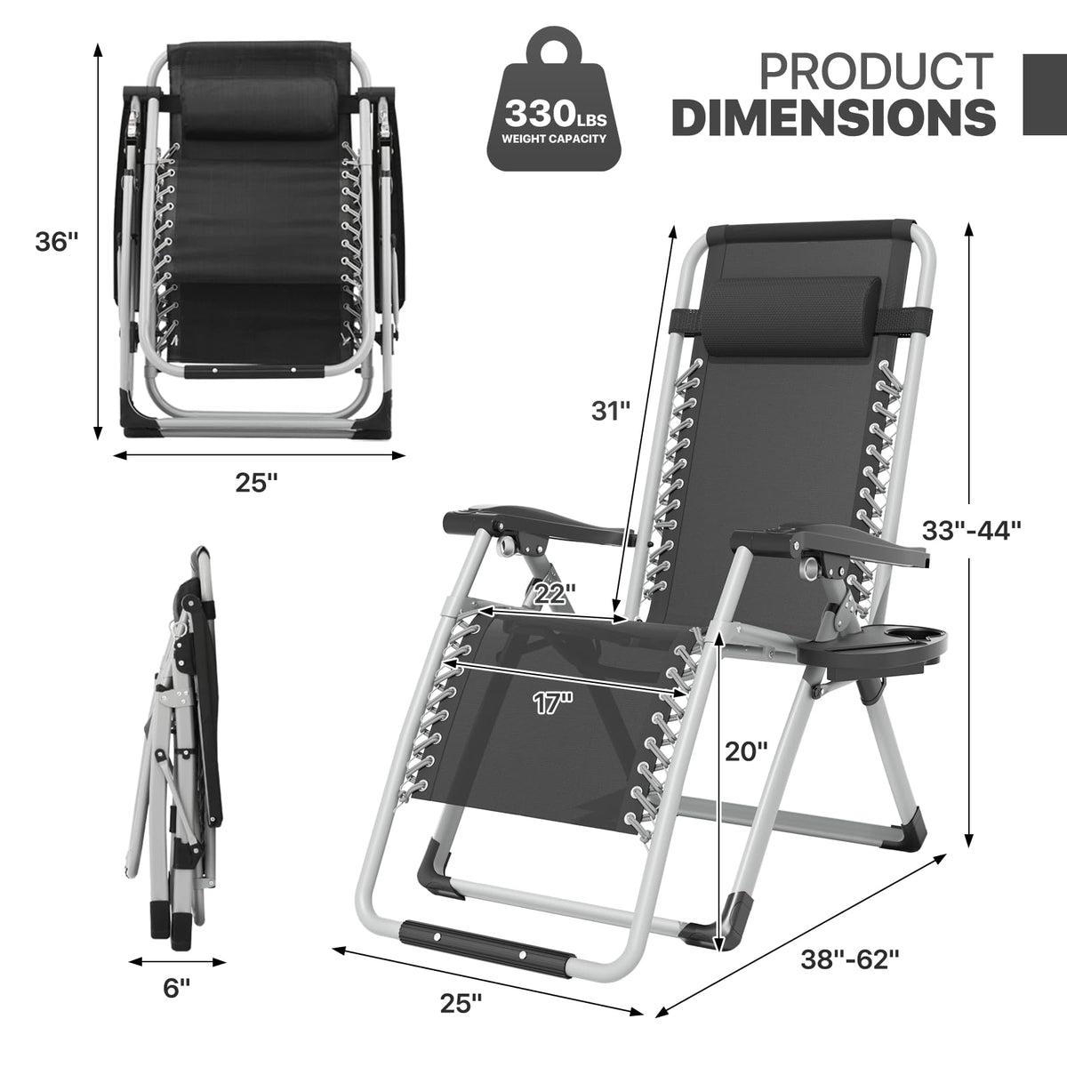 Zero Gravity Reclining Patio Lounge Chair, Black G5396