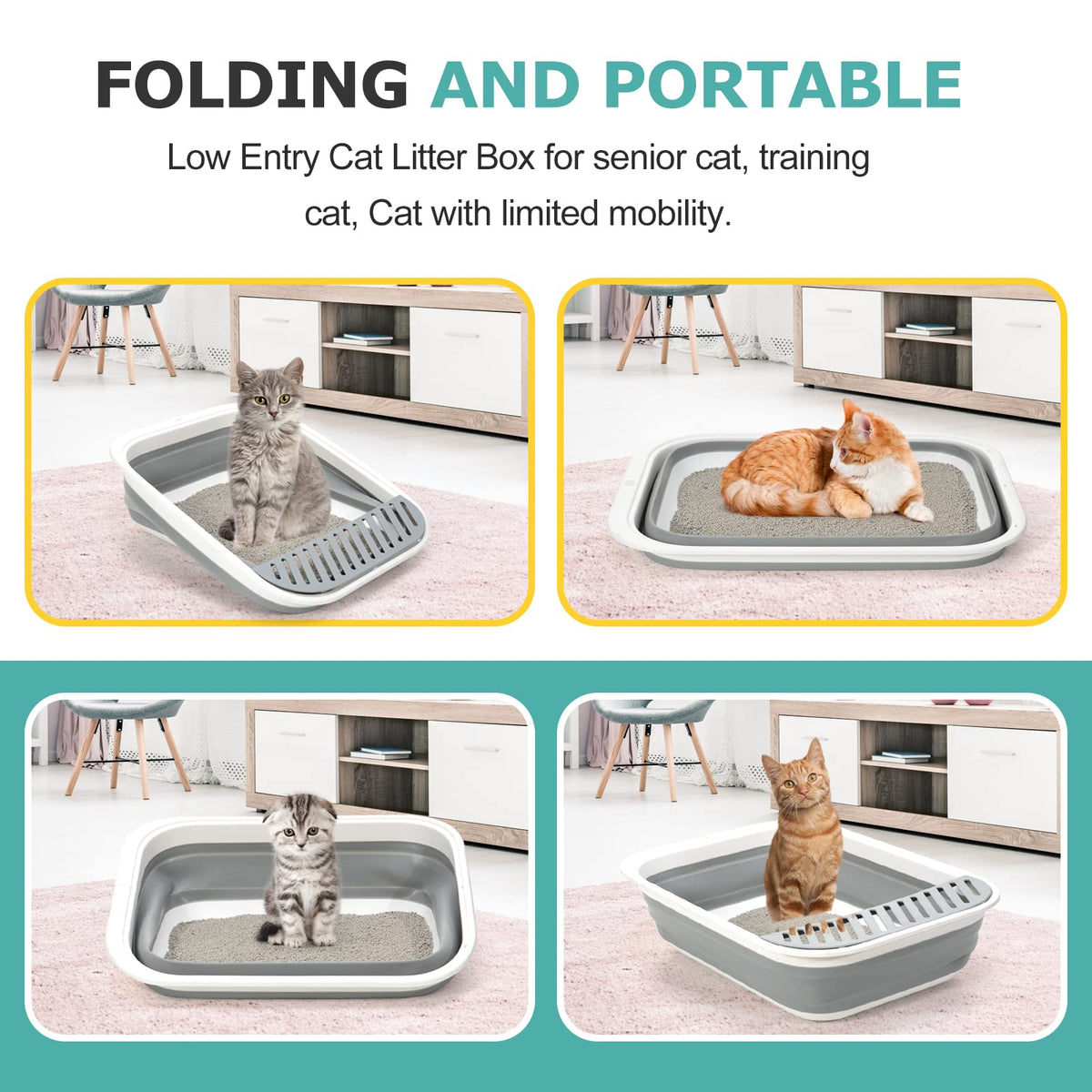 Foldable Height-Adjustable Cat Litter Box with Scoop C3691