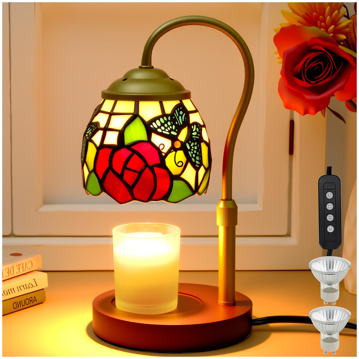 Candle Warmer Lamp with Timer Dimmer, Stained Glass, 2 Bulbs T957