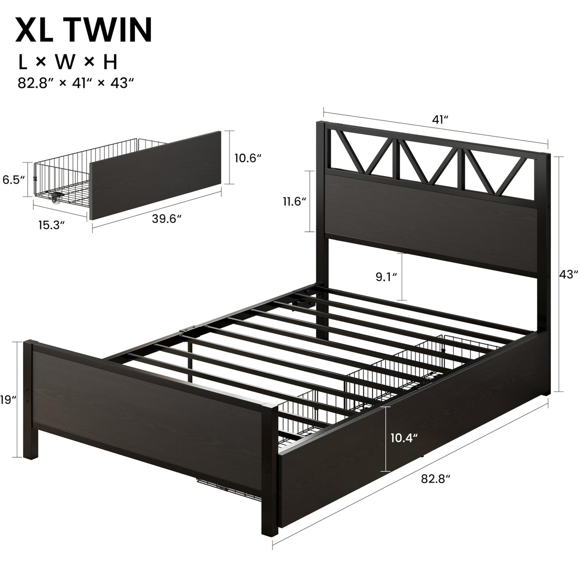 Twin XL Bed Frame with 2 Storage Drawers F96293
