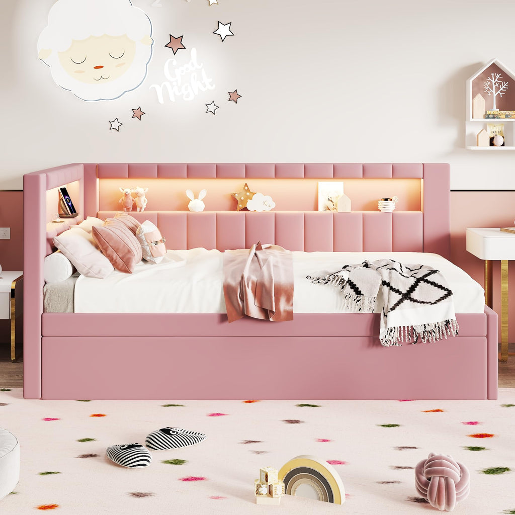Pink Upholstered Twin Size Daybed with Trundle C9822