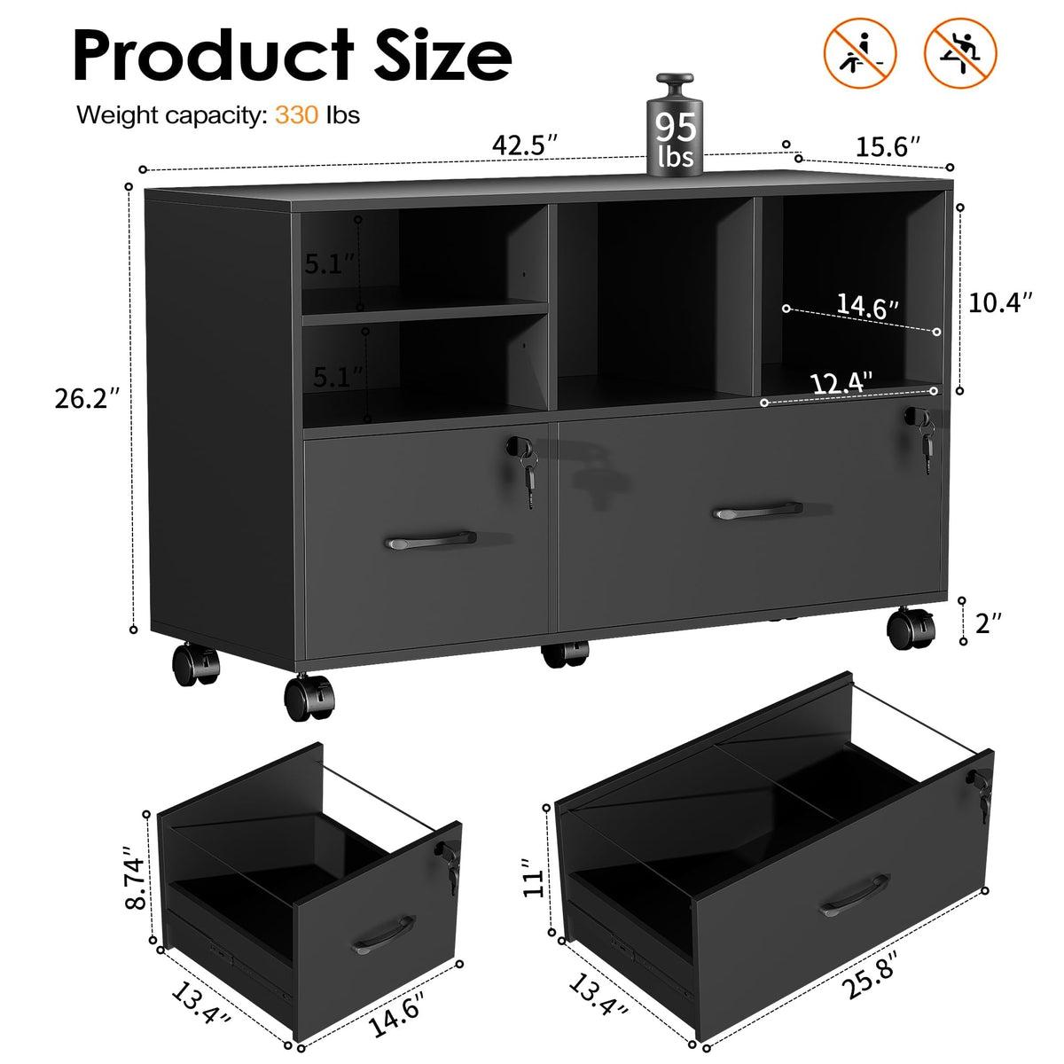 Black 2 Drawer Wood Lateral File Cabinet with Lock K900