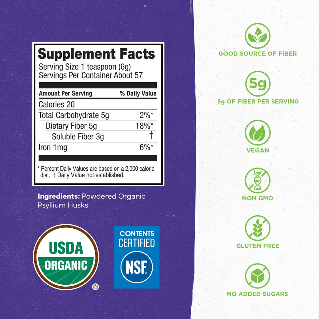Organic Psyllium Husk Powder 12oz Unflavored Fiber Supplement G237