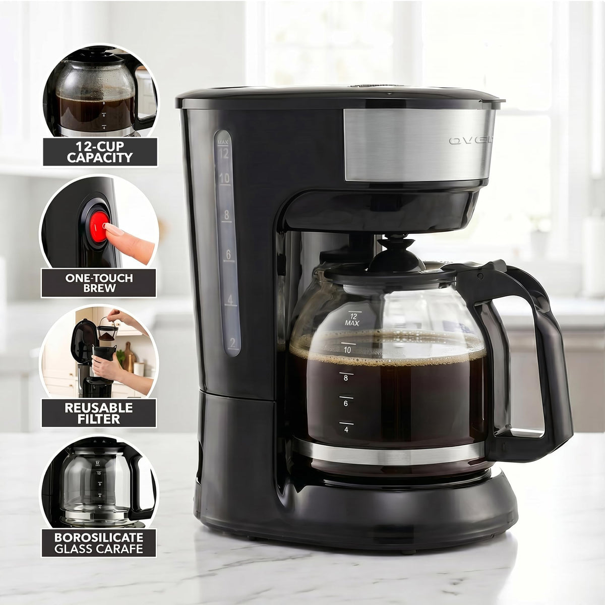 12-Cup Drip Coffee Maker with On/Off Switch, Black O428551