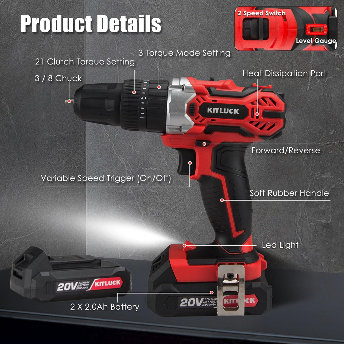 Cordless Drill Set 20V 2 Battery 44pcs Bits 3/8'' Chuck T797