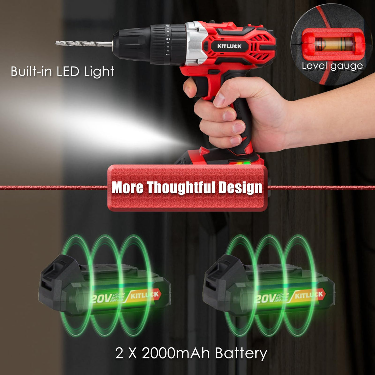 Cordless Drill Set 20V 2 Battery 44pcs Bits 3/8'' Chuck T797