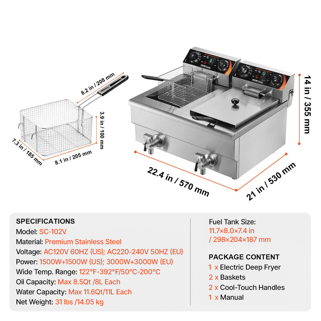 3000W Dual Tank Stainless Steel Electric Deep Fryer I6258