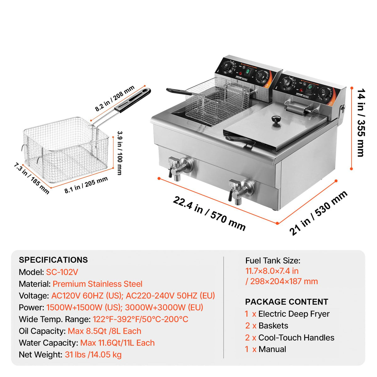 3000W Dual Tank Stainless Steel Electric Deep Fryer I6258