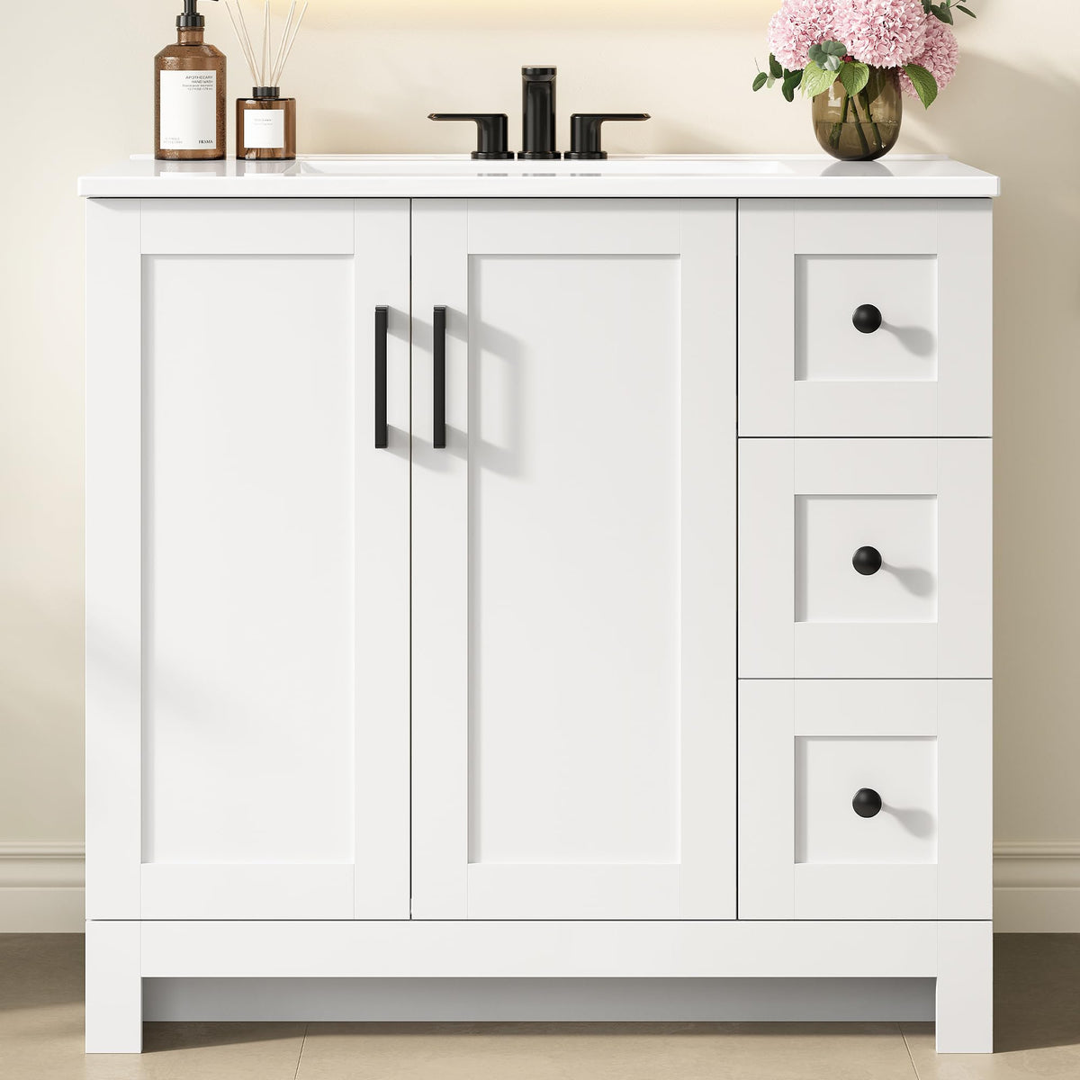 36" White Bathroom Vanity with Sink, 2 Soft-Close Drawers & Doors N605