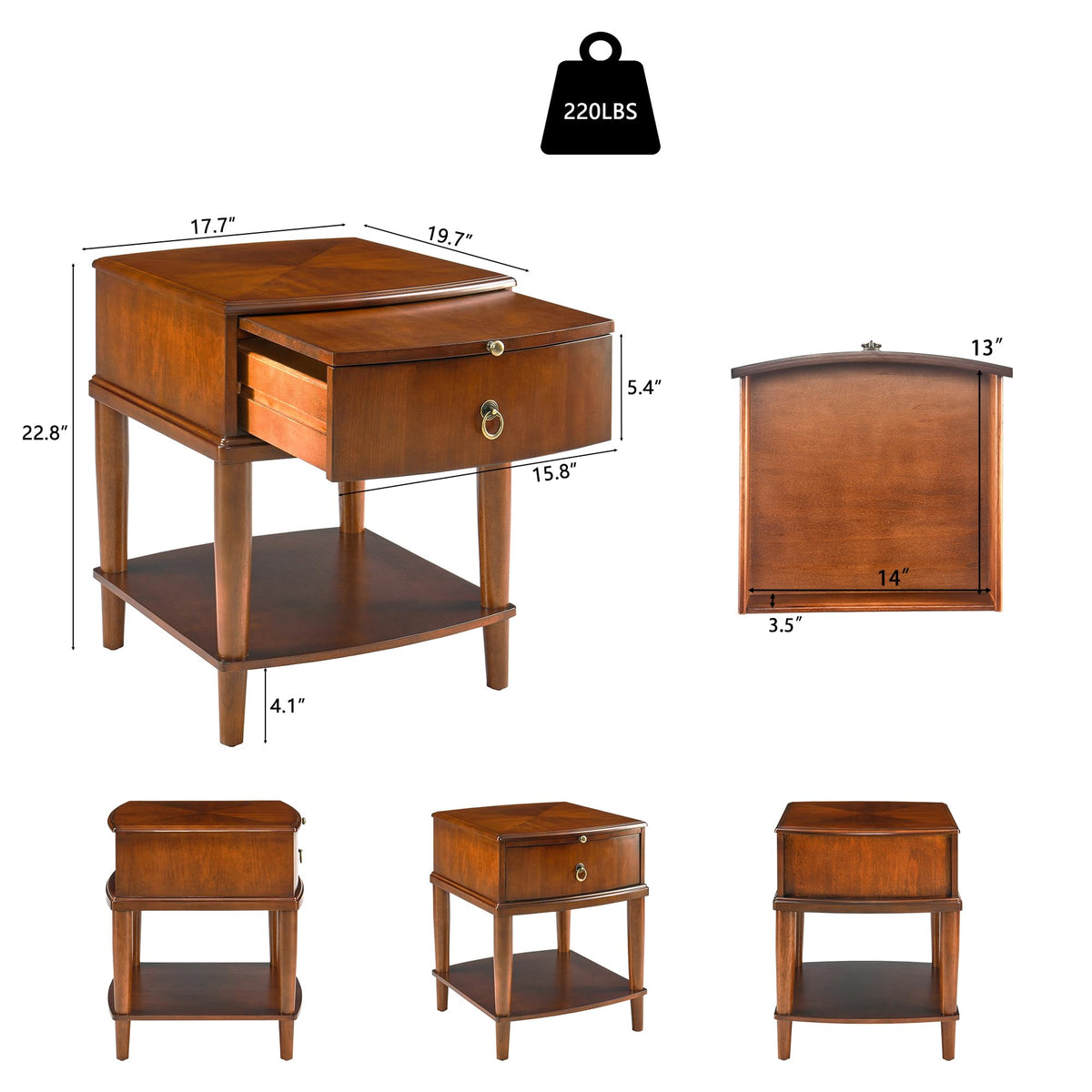 Large Cherry Wood 2-Tier Side Table with Drawer and Shelf O3779