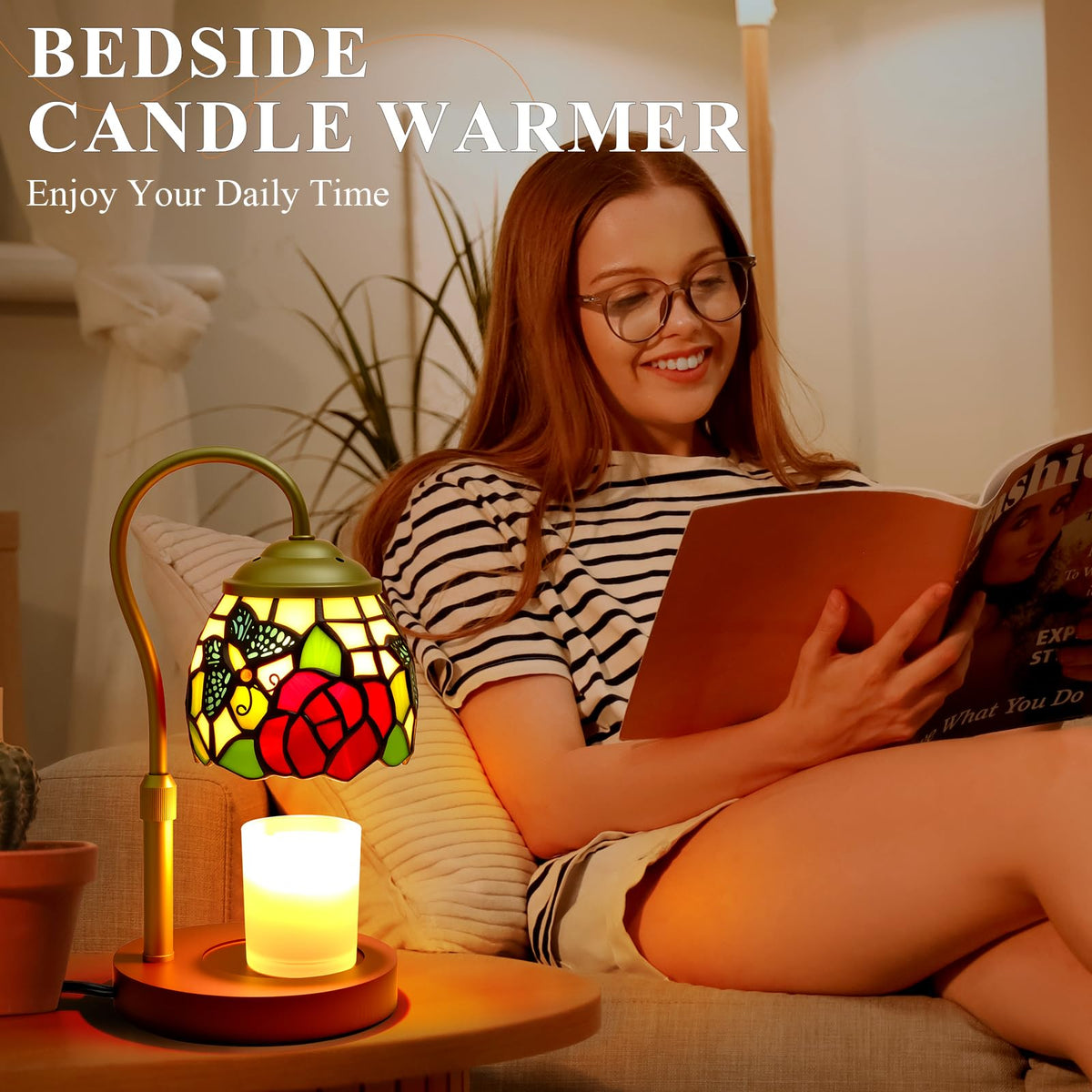 Candle Warmer Lamp with Timer Dimmer, Stained Glass, 2 Bulbs T957