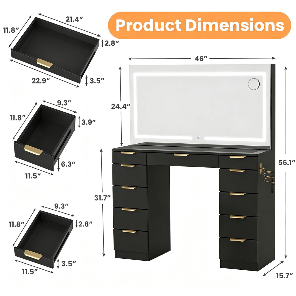 Glass Top Vanity Desk with Mirror and Lights, 11 Drawers Makeup Vanity with Stool J672245