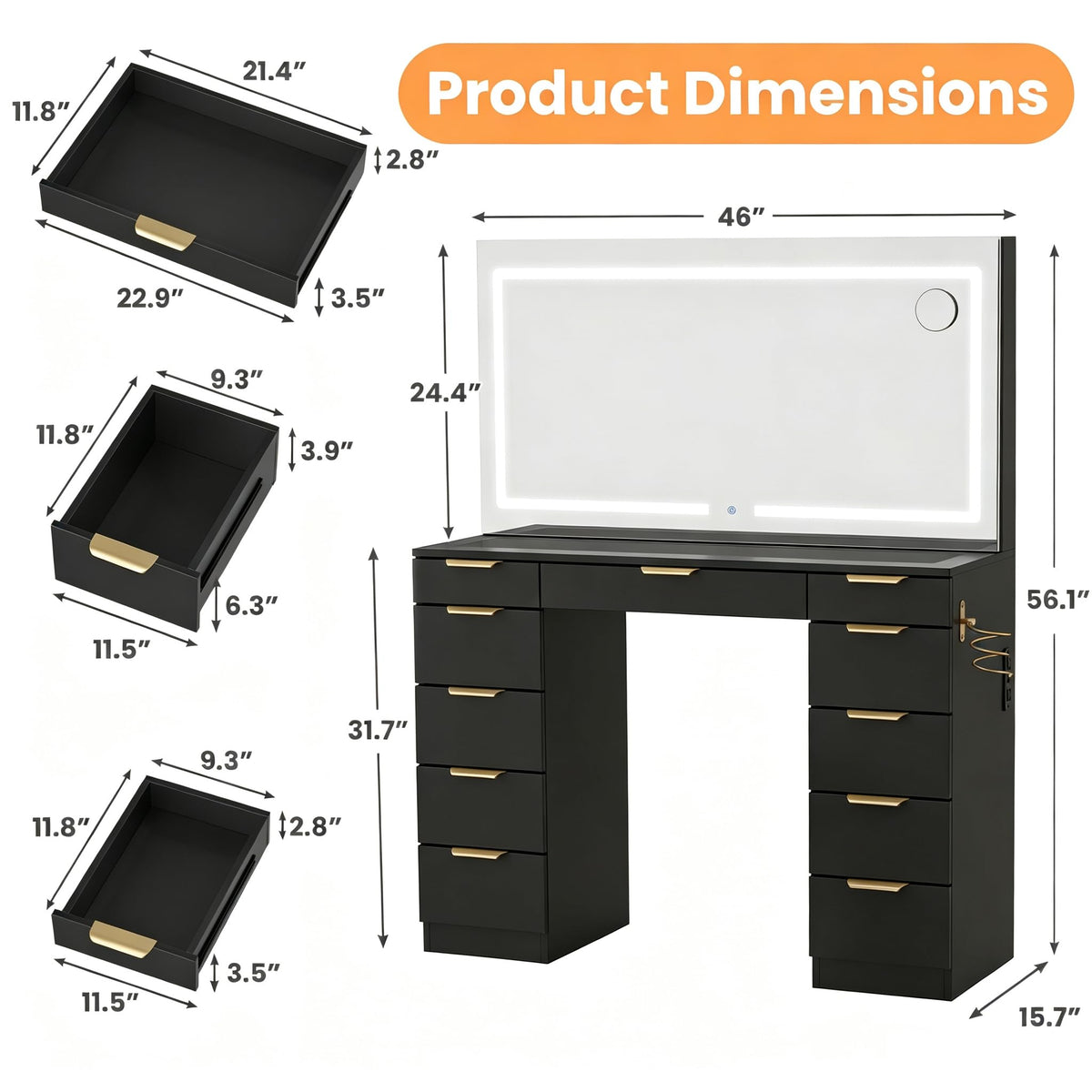Glass Top Vanity Desk with Mirror and Lights, 11 Drawers Makeup Vanity with Stool J672245