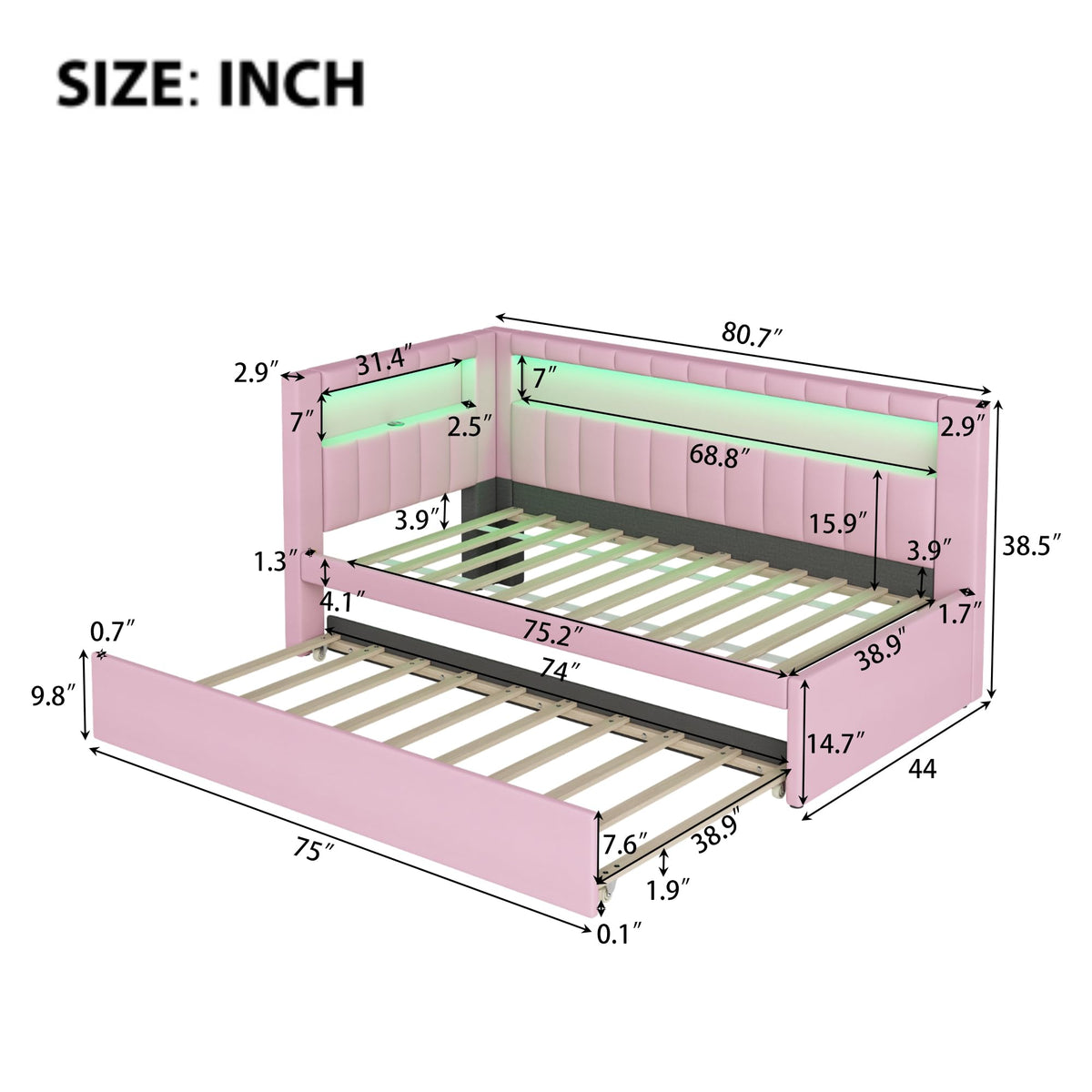 Pink Upholstered Twin Size Daybed with Trundle C9822