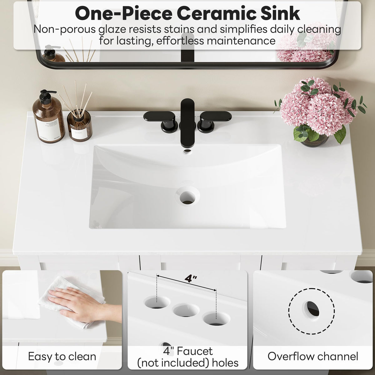 36" White Bathroom Vanity with Sink, 2 Soft-Close Drawers & Doors N605