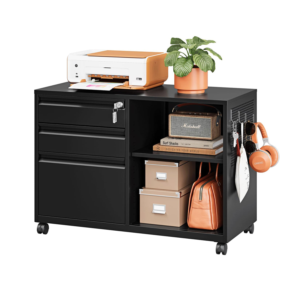 3 Drawer Metal File Cabinet with Lock and Shelves S3740