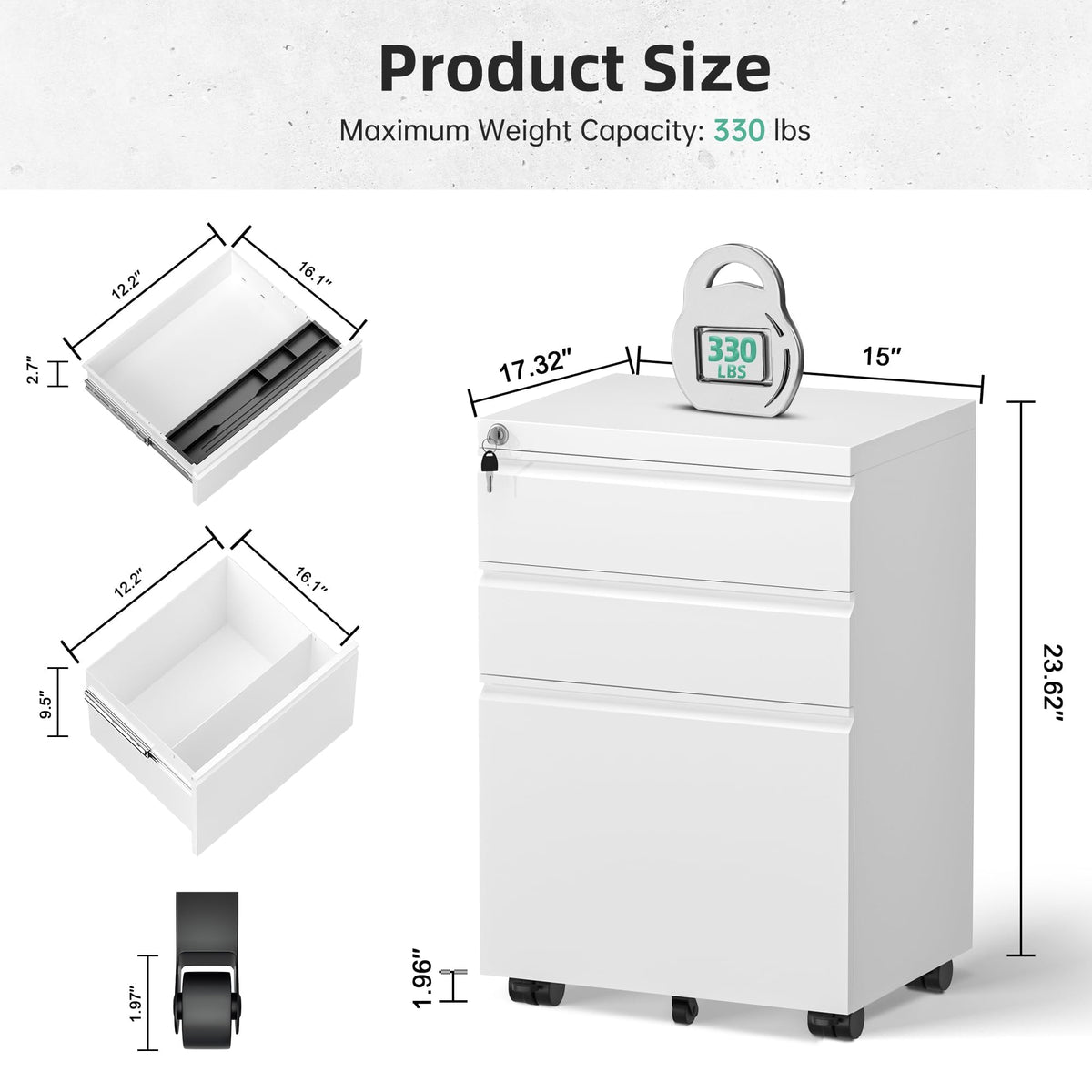 Fully Assembled 3 Drawer White Metal Rolling File Cabinet with Lock O773