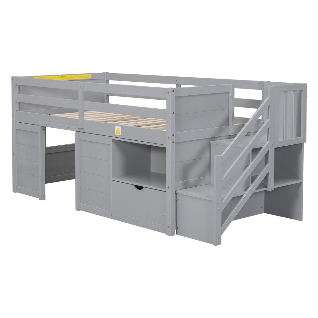 Twin Size Wood Loft Bed with Storage A53096